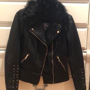 Guess leather jacket with fur hood